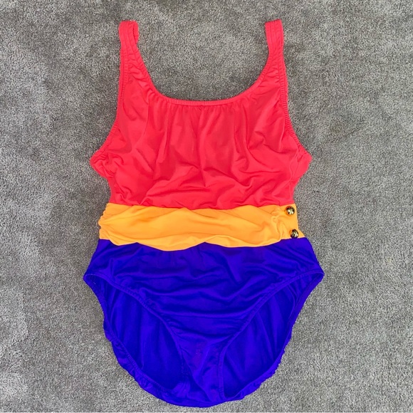 L 12 VTG Le Cove 90’s Neon Colorblock Low Back One Piece Ruched Swimsuit - Picture 2 of 12